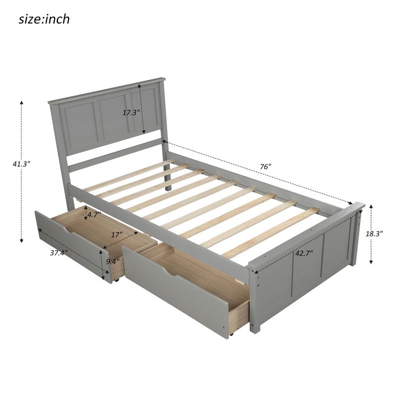 Twin Size Wood Platform Storage Bed with Trundle Bed/ Two Drawers-ModernLuxe, 3 of 11