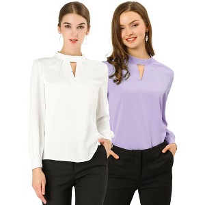 INSPIRE CHIC Women's Office Keyhole Elegant Stand Collar Long Sleeve Button Blouse 2 Packs - 1 of 4