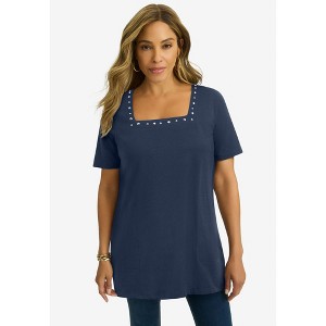 Jessica London Stretch Cotton Studded Square Neck Tunic - 1 of 4