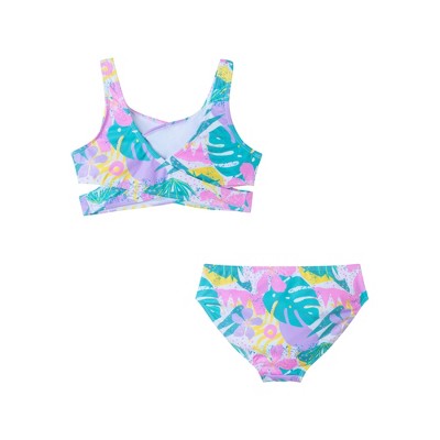 Kids' Tropical Floral High Waisted Two-Piece Bikini in White