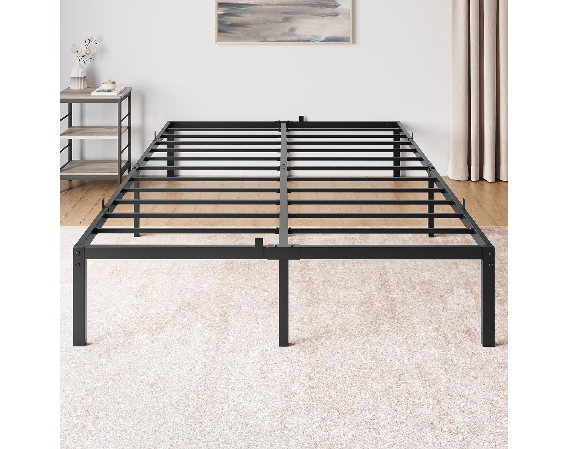 14" Full Metal Bed Frame Heavy Duty Platform Base with Noise-Free Grid Support No Box Spring Needed, Tool Free Assembly & Underbed Storage Space