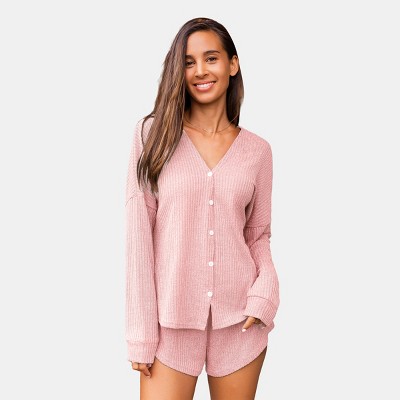 Women's Elegant Black Ribbed Long Sleeve Button-Down Top with Shorts Pajama Set - Cupshe