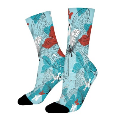 Floral Pattern With Butterfly Women Printed Crew Socks Funny Funky Socks Soft Polyester Novelty Gifts for Artists Men