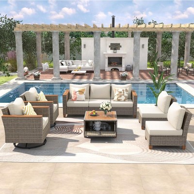 8-Piece Wicker Patio Conversation Set, 2 Rattan Swivel Rocking Chairs with Thick Cushions and Acacia Storage Table – Cuddlewood