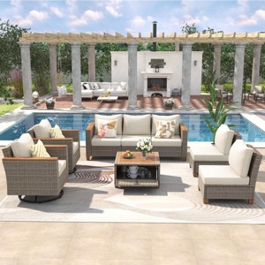 8-Piece Wicker Patio Conversation Set, 2 Rattan Swivel Rocking Chairs with Thick Cushions and Acacia Storage Table – Cuddlewood - 1 of 4