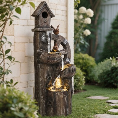 Outsunny 2-in-1 Outdoor Water Fountain with Birdhouse, Outdoor Waterfall Fountain with LED Lights Pump, Resin Outdoor Water Feature, Mixed Color