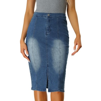 Allegra K Women's Slit Elastic High Waist Below Knee Length Stretch Bodycon Pencil Denim Skirt