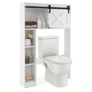 Costway Over the Toilet Bathroom Storage Cabinet with Sliding Barn Door & Shelves White - 1 of 4
