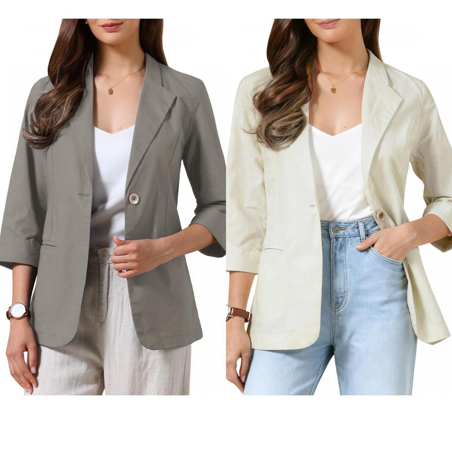 Женские пиджаки INSPIRE CHIC Lapel Collar Summer 3/4 Sleeve Lightweight Business Back Slit Suit Blazer 2 Packs Beige/Grey, цвет: Бежевый — фото 1
