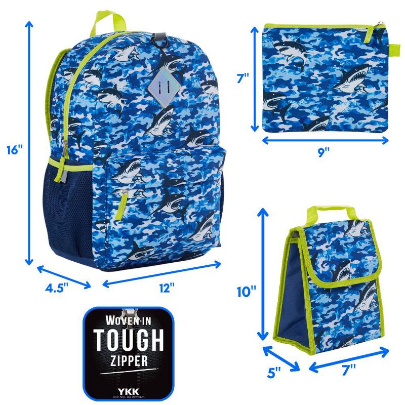 RALME Ocean Blue Camo Shark Backpack Set for Boys, 16 inch, 6 Pieces - Includes Foldable Lunch Bag, Water Bottle, Key Chain, & Pencil Case, 3 of 10