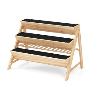 Tangkula 3-Tier Raised Garden Bed Wooden Vertical Planter Box with Storage Shelf 2 Hanging Hooks & 3 Bed Liners - 1 of 4