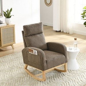 Modern Nursery Rocking Chair, Upholstered Glider Rocker with Side Pocket, Teddy Fabric Accent Armchair, Comfy Reading Chair for Living Room Bedroom - 1 of 4