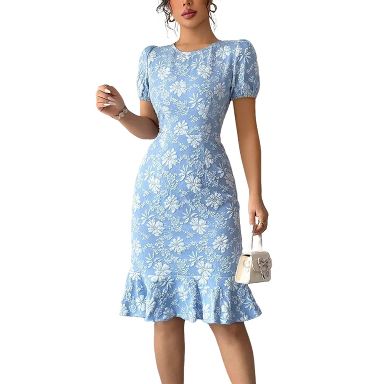 Women's Floral Embroidery Midi Dress Puff Short Sleeves Bodycon Ruffle Hem  Round Neck Cocktail Party Dress Sky Blue L : Target