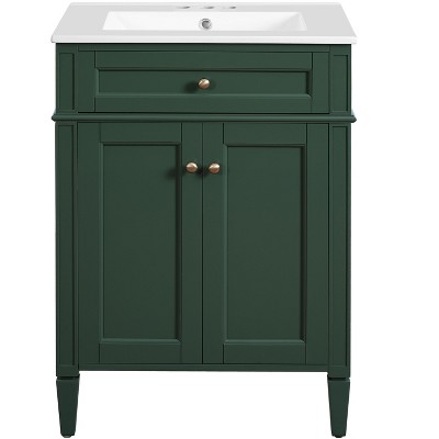 Vynxaria 24 inch Sage Green Single Sink Freestanding Bath Vanity with White Ceramic Top Two Soft Close Doors One Tip Out Drawer Adjustable Shelf