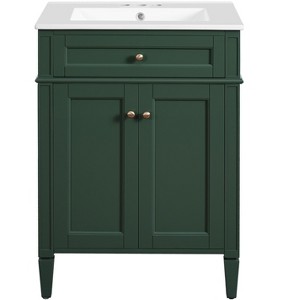 Vynxaria 24 inch Sage Green Single Sink Freestanding Bath Vanity with White Ceramic Top Two Soft Close Doors One Tip Out Drawer Adjustable Shelf - 1 of 4