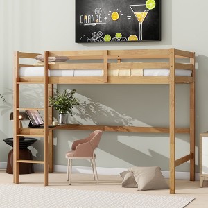 NicBex Twin Size Loft Bed with Desk Wooden Bed Frame with Long Ladder and Full Length Guardrail, No Box Spring Required, White Oak - 1 of 4