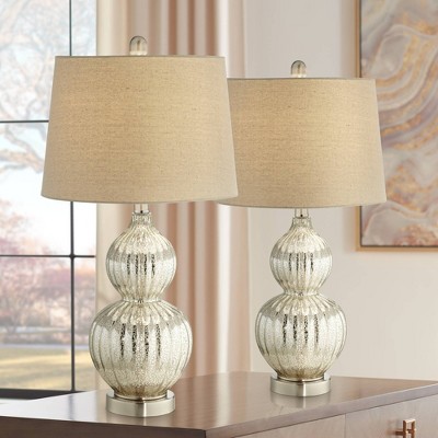 Set of Two 25" Silver Mercury Glass Table Lamps with Beige Drum Shade