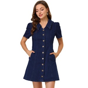 Allegra K Women's Button Up Collared Short Sleeve Washed Jean Demin Dress - 1 of 4