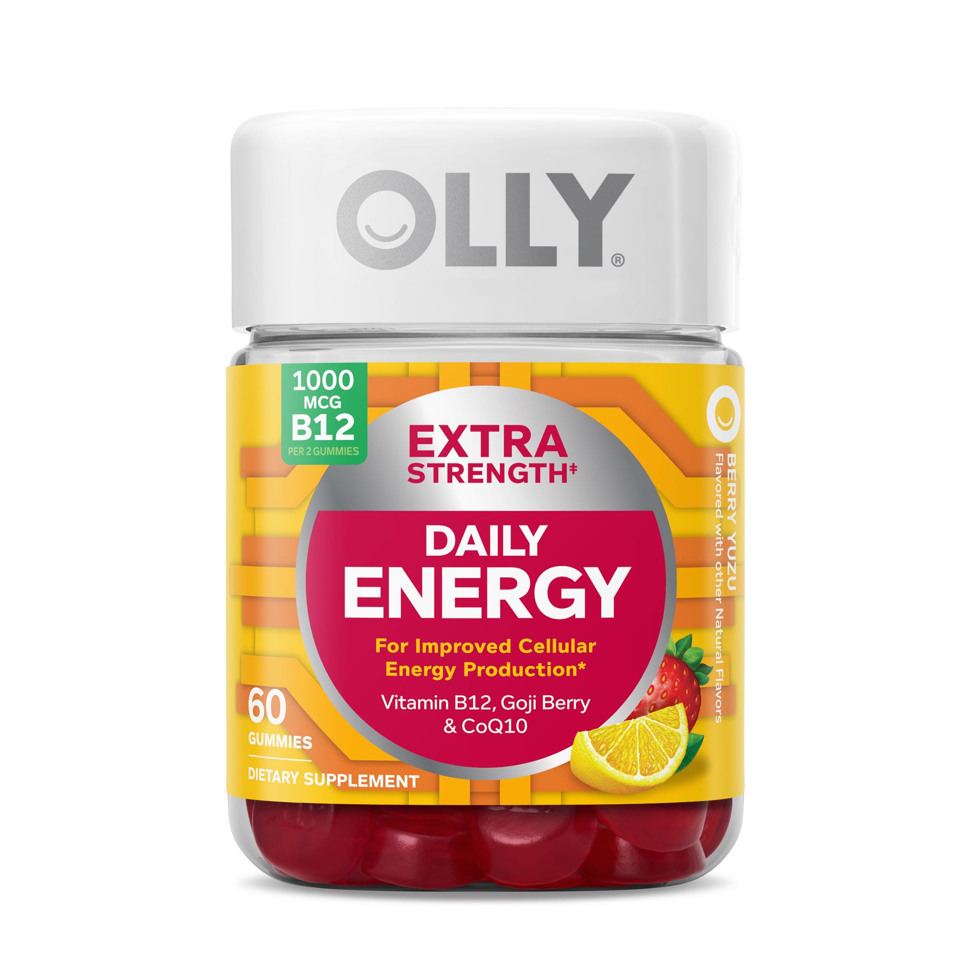 OLLY Extra Strength Daily Energy, 1000 mcg, Vitamin B12 and Caffeine-Free Gummies - Berry Yuzu Flavor - 60ct