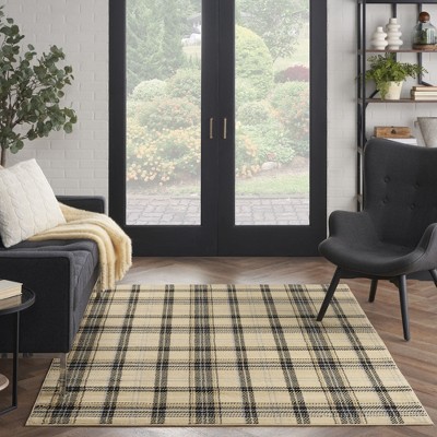 Handmade Cream & Black Plaid 5' x 7' Synthetic Area Rug
