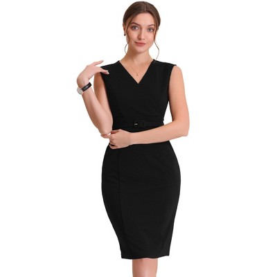 INSPIRE CHIC Women's Sleeveless V Neck Business Office Belt Pencil Dresses