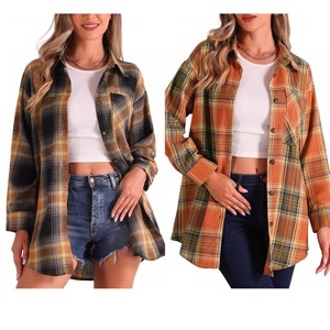 INSPIRE CHIC Women's Vintage Plaid Flannel Long Sleeve Button Down Collar With Pocket Casual Shirts 2 Packs - 1 of 4