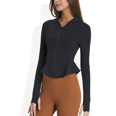 Anna-Kaci Active Women's Peplum Hem Active Zip-Up Jacket with Hood and Thumb Holes