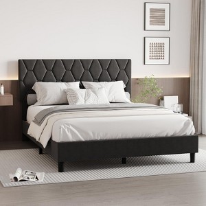 Acekool Upholstered Platform Bed - Queen Size with Headboard & Wood Slats - 1 of 4