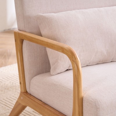 Beige Linen Upholstered Barrel Accent Chair with Solid Wood Frame