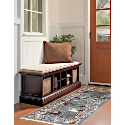 Blue and Tan Floral Synthetic Indoor Runner Rug