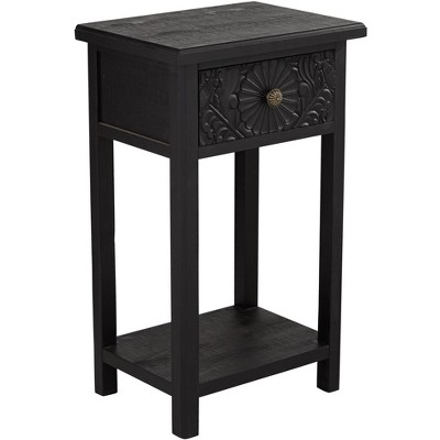 55 Downing Street Modern Black Wood Rectangular Accent Side End Table 13 3/4" x 19" with Drawer and Shelf for Living Room Bedroom