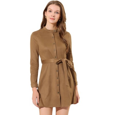 Allegra K Women's Long Sleeve Casual Faux Suede Belted Elegant Button Down Mini Dress