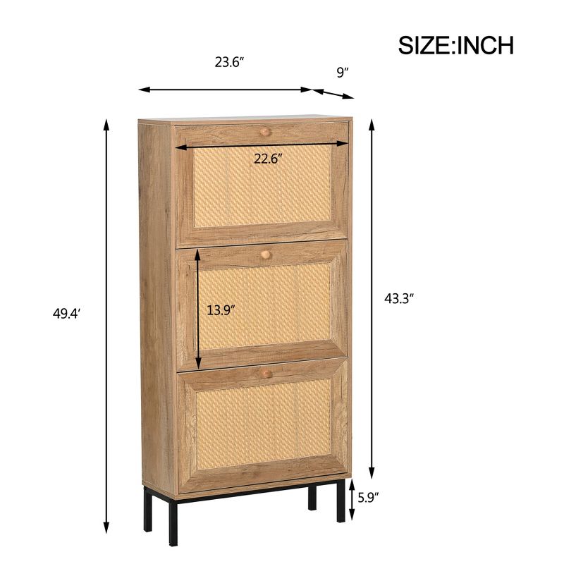 Freestanding Rattan Shoe Cabinet With 3 Flip Drawers and Metal Legs For Entrance, Hallway and Bedroom, Natural - ModernLuxe, 3 of 7