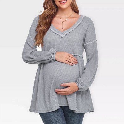 Maternity Sweater V Neck Long Sleeve Peplum Tops Fall Outfits for Maternity Cozy Waffle Knit Sweater Midweight Babydoll Smock Tops