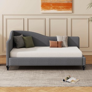 Okak Twin Size Linen Daybed with L-Shaped Upholstered Bed Sofa Bed Frame with Solid Wood Legs Easy to Assemble, Gray - 1 of 4