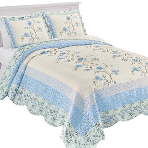 Collections Etc Floral Embroidered Scalloped Edge Quilted Bedspread Full Gender Neutral Light Blue - 1 of 3