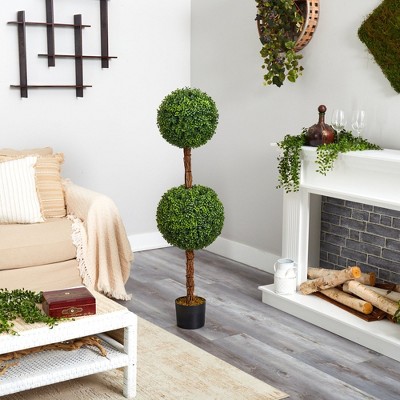 Elegant 54" Double Ball Boxwood Topiary in Black Planter