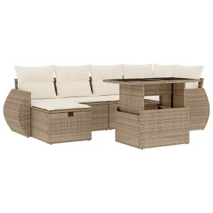 vidaXL 7 Piece Patio Sofa Set with Cushions Beige Poly Rattan - Beige and Cream Without Storage - 1 of 4