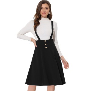 Allegra K Women's High Waist Solid Color Button Decor Flared Midi Suspender Skirt - 1 of 4