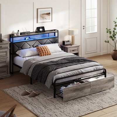 Bed Frame, Upholstered Platform Frame with Storage Headboard, LED and Charging Station
