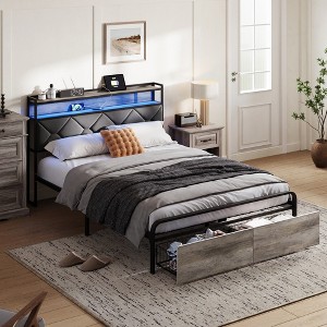 Bed Frame, Upholstered Platform Frame with Storage Headboard, LED and Charging Station - 1 of 4