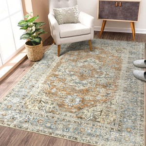 Decorative Vintage Area Rug for Kitchen Living Room - Distressed Retro Medallion Carpet, Soft Washable Non Slip Low Pile Non Shedding Thin Rug - 1 of 4