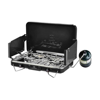 Outbound Double Burner Portable Adjustable 20,000 BTU Chrome Plated Steel Propane Camping Stove Kit, Wind Panels, Sturdy Base, and Storage Case, Black