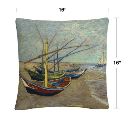 Vincent Van Gogh Fishing Boats Beach 16" Square Polyester Throw Pillow