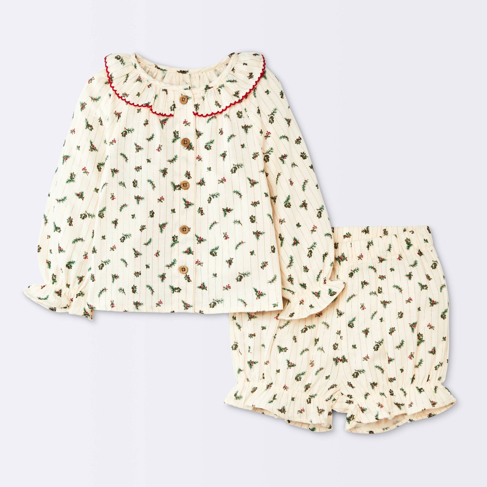 Baby Girls' Christmas Holiday 2pc Holly Berry Long Sleeve Button-Down Top and Bloomer Set - Cloud Island™ Cream 18M
