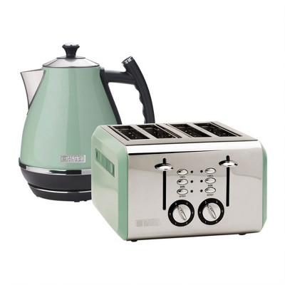 Haden Cotswold Wide Slot Stainless Steel Retro 4 Slice Toaster & Cotswold 1.7 Liter Stainless Steel Body Retro Electric Kettle, Sage Green