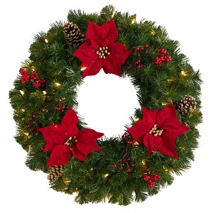 Nearly Natural 24-in Poinsettia, Berry and Pinecone Artificial Wreath with 50 Warm White LED Lights - 1 of 4