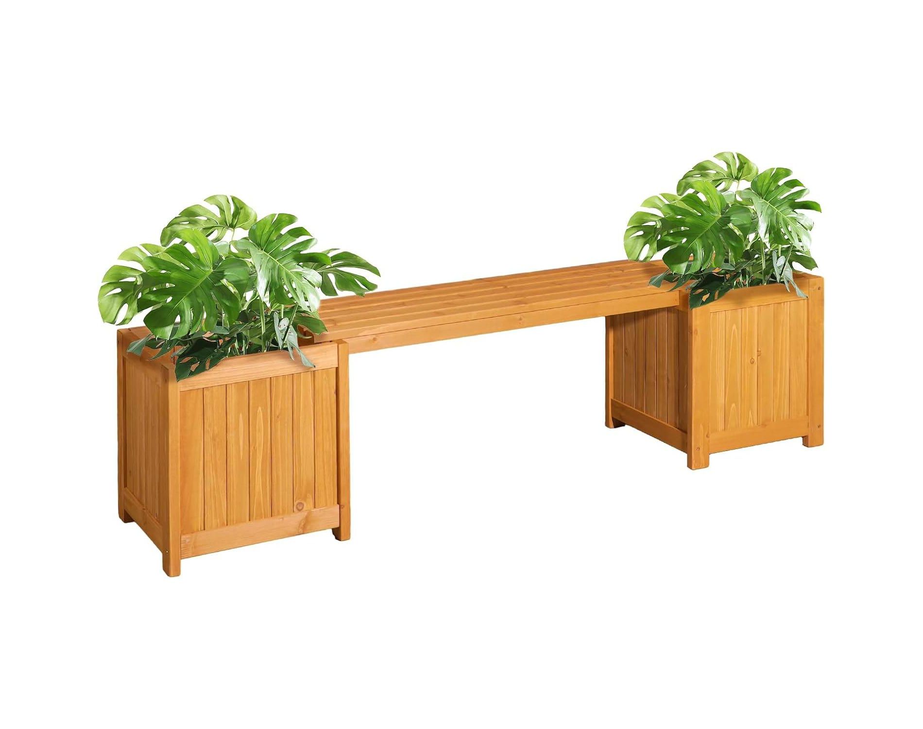 VINGLI Outdoor Wood Bench with Planter Boxes, 2-in-1 All-Weather Porch Bench Seat ＆ Open-Ended Raised Garden Bed, for Balcony Patio (2 Boxes)