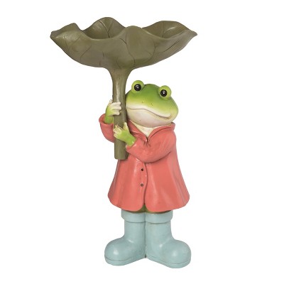 Green Resin Frog Holding Leaf Bird Bath Fountain