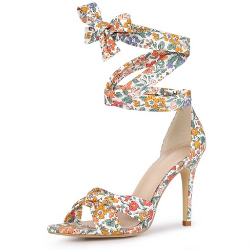 Perphy Women s Floral Printed Twist Lace Up High Stiletto Heels Sandals Orange 9 Target